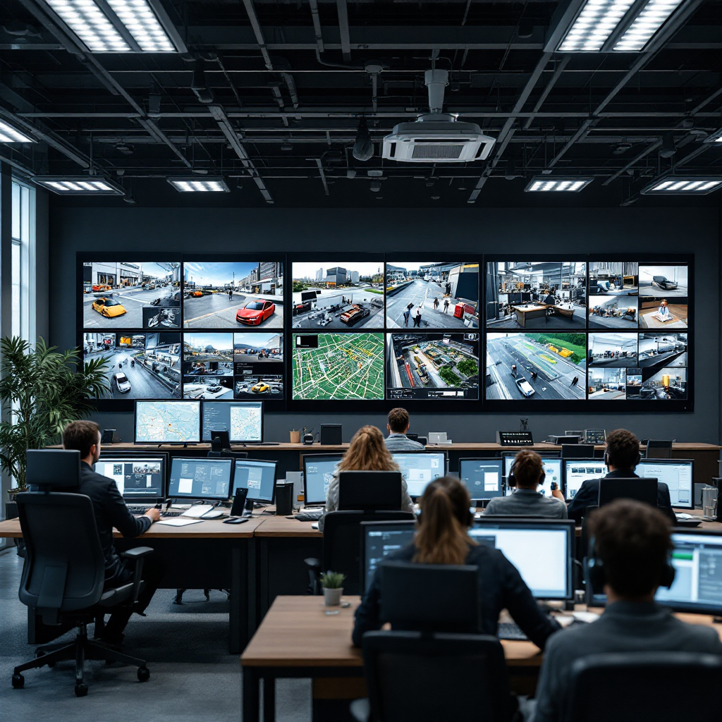 A regional security operations centre showing multiple wall screens with live feeds from retail locations, maps showing camera locations, and operators working at desks
