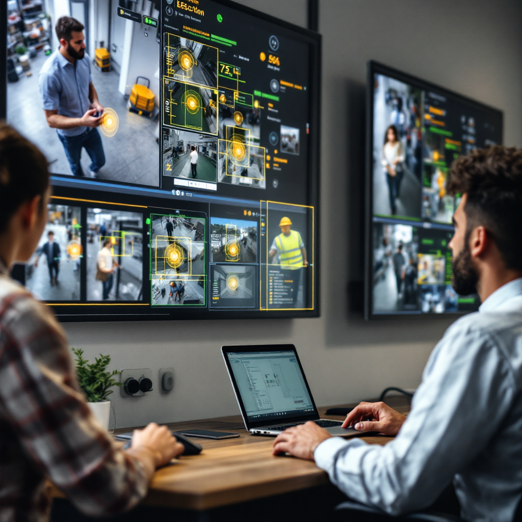 Security control room with detection overlays Close-up view of a security control room monitor wall showing multiple camera feeds with detection overlays, bounding boxes around people and objects, and simple UI indicators; no text
