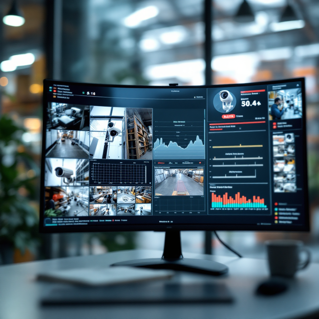 Security operations center with camera thumbnails and alert Close-up view of a security operations center monitor wall showing multiple camera thumbnails, a highlighted camera with an alert thumbnail, and a timeline of events. No text or numbers.