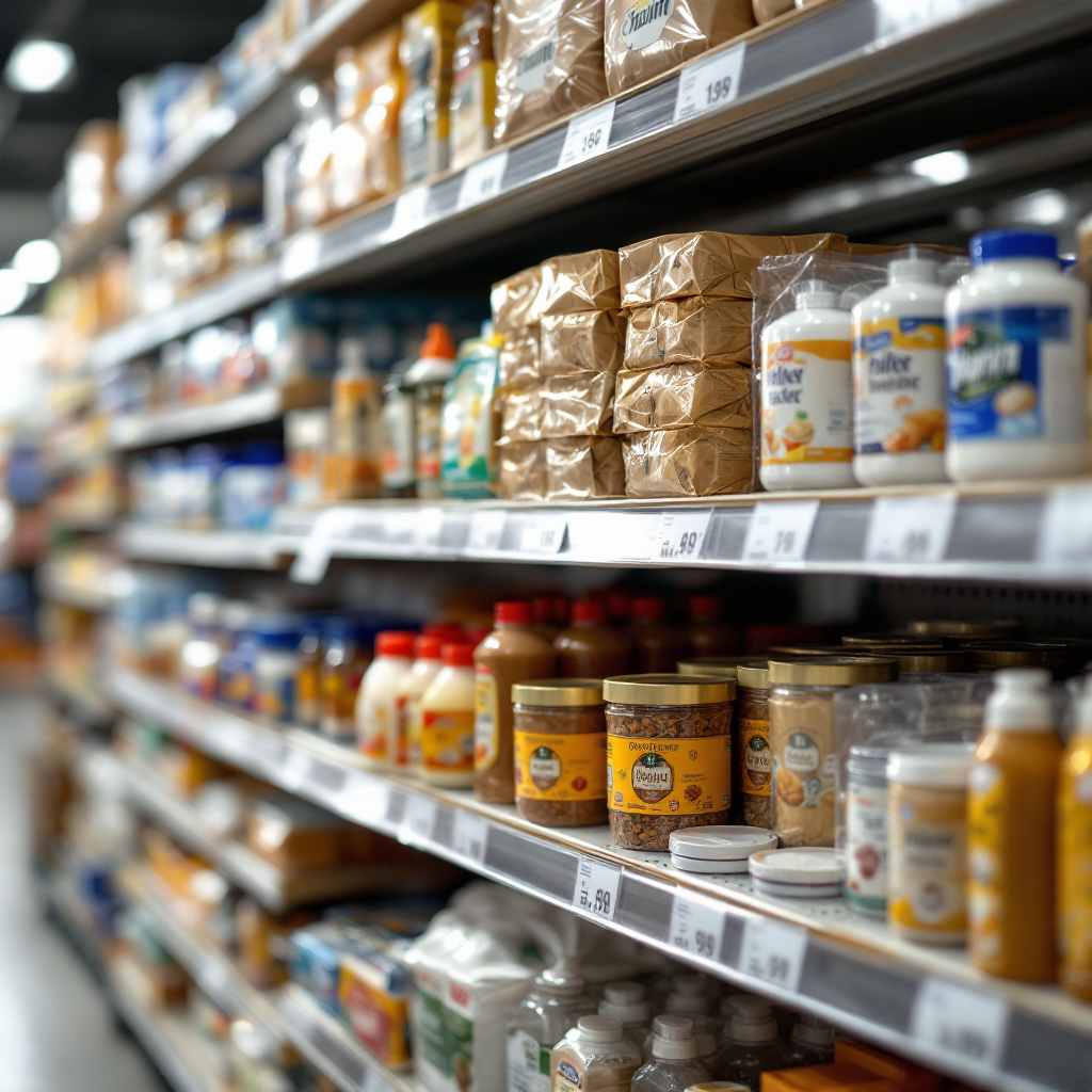 Close-up of a store shelf with product facings, a small edge camera visible, and clear price labels, no text or numbers