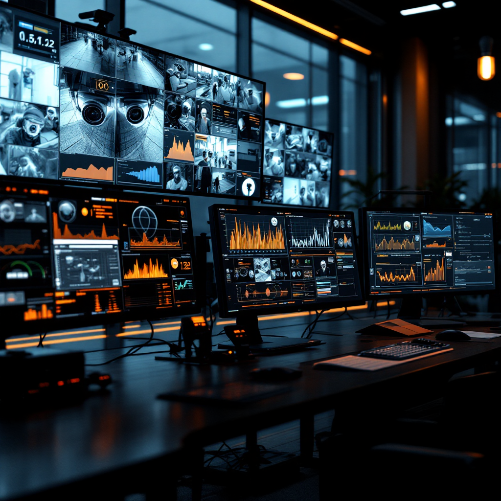 Close-up of a bank's surveillance control room with monitors showing multiple camera feeds and analytics overlays; no text