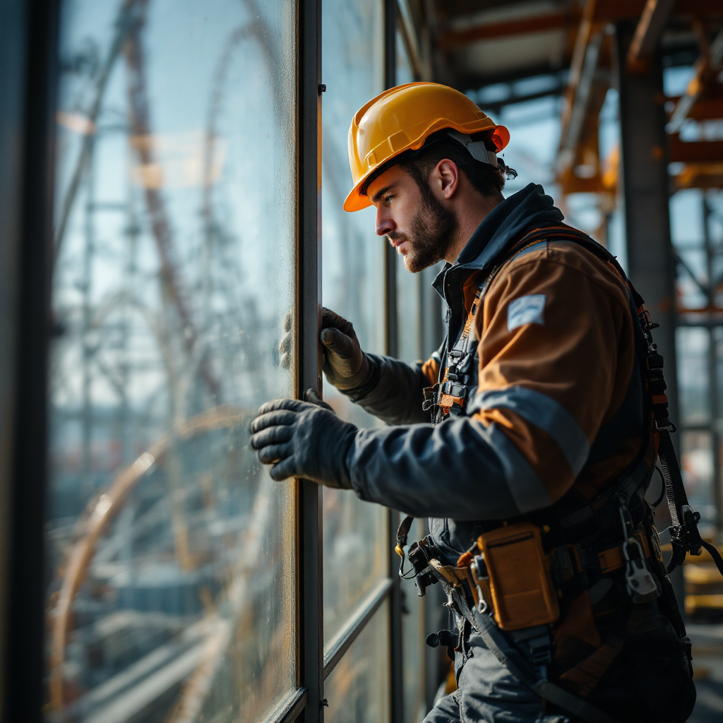 Technician inspecting roller structure with PPE Maintenance technician wearing PPE while inspecting a roller coaster structure at height, showing helmet, harness, gloves and safety boots, clear daylight, no text