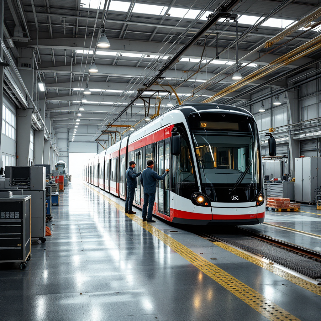 Tram depot interior with trams and edge compute hardware Wide-angle interior view of a tram depot with multiple trams parked, ceiling lights casting even illumination, edge compute hardware racks visible in a maintenance bay, technicians inspecting a tram, no text or logos