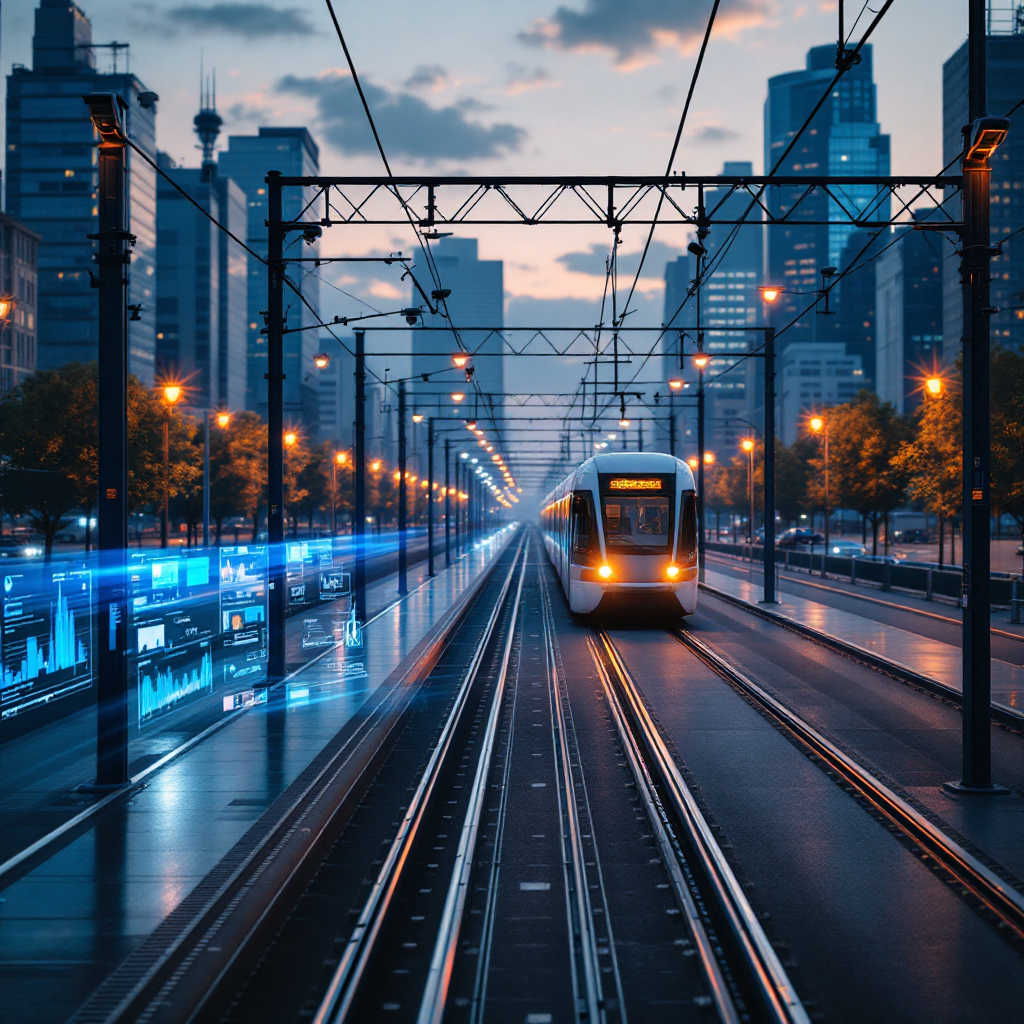 Tram line with CCTV and analytics overlays A city tram line during twilight with CCTV cameras mounted on poles along the track and an operator centre screen displaying visual analytics overlays