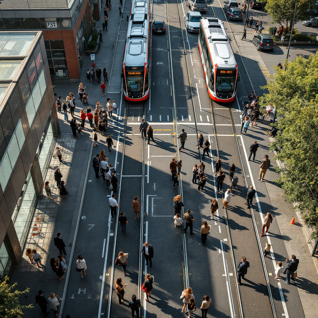 Tram stop boarding area with queued riders Wide aerial view of a tram stop boarding zone with people forming lines, clear markings, and visible tram vehicles, shot in soft daylight
