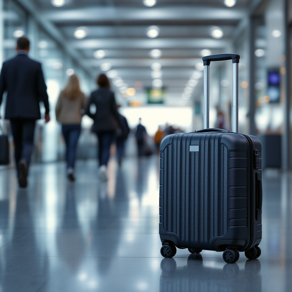 Close-up view of an unattended suitcase on a busy concourse with multiple people walking past, with soft focus background and clear detail on the suitcase, realistic lighting, no text or numbers