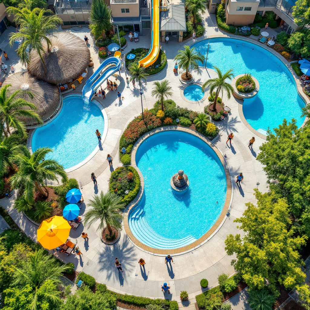 Aerial view of a water park showing pools, slides, shaded walkways, sensor nodes on poles, and staff walking along pathways, bright colors, no text