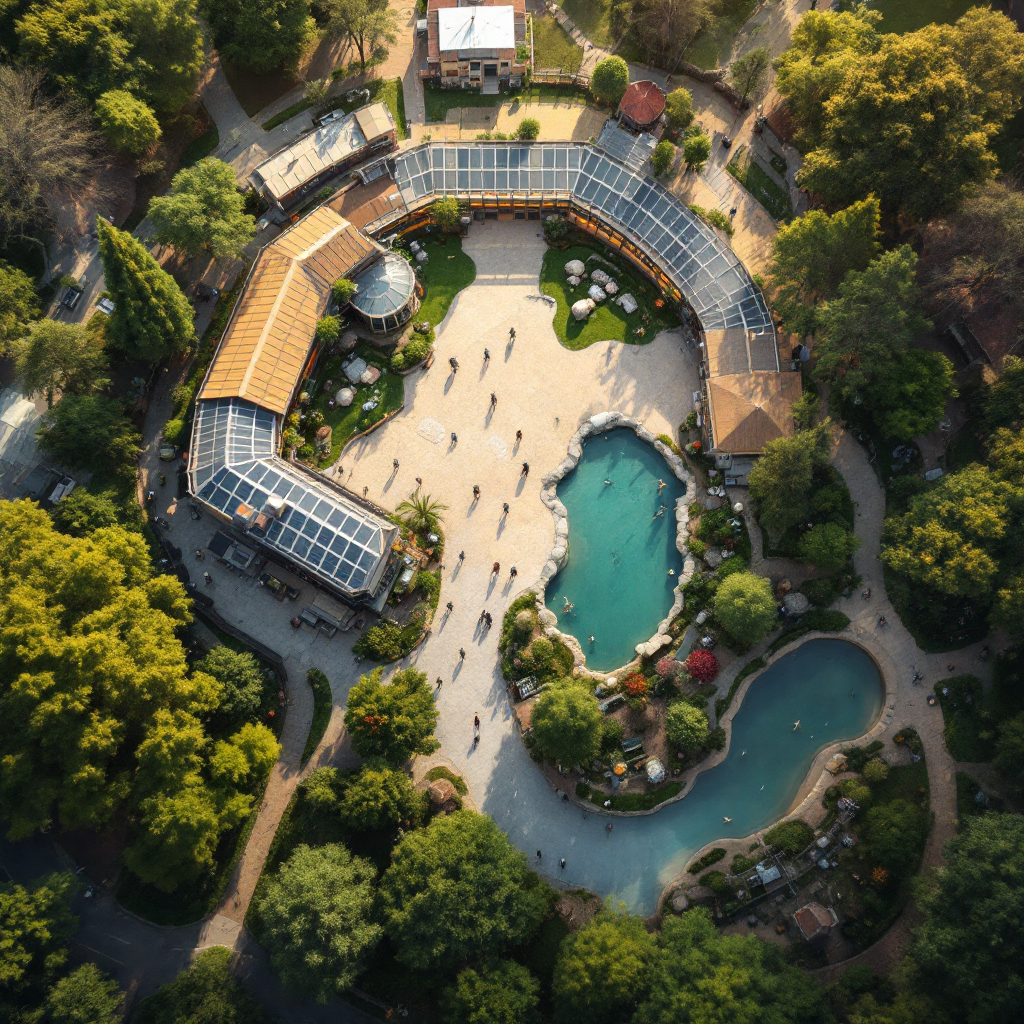 Zoo camera and sensor coverage map Diagram-style aerial view of a zoo with camera coverage marked, showing a mix of stereo cameras, thermal sensors, and overlapping fields-of-view; natural elements like trees and paths are visible; no text or numbers in image