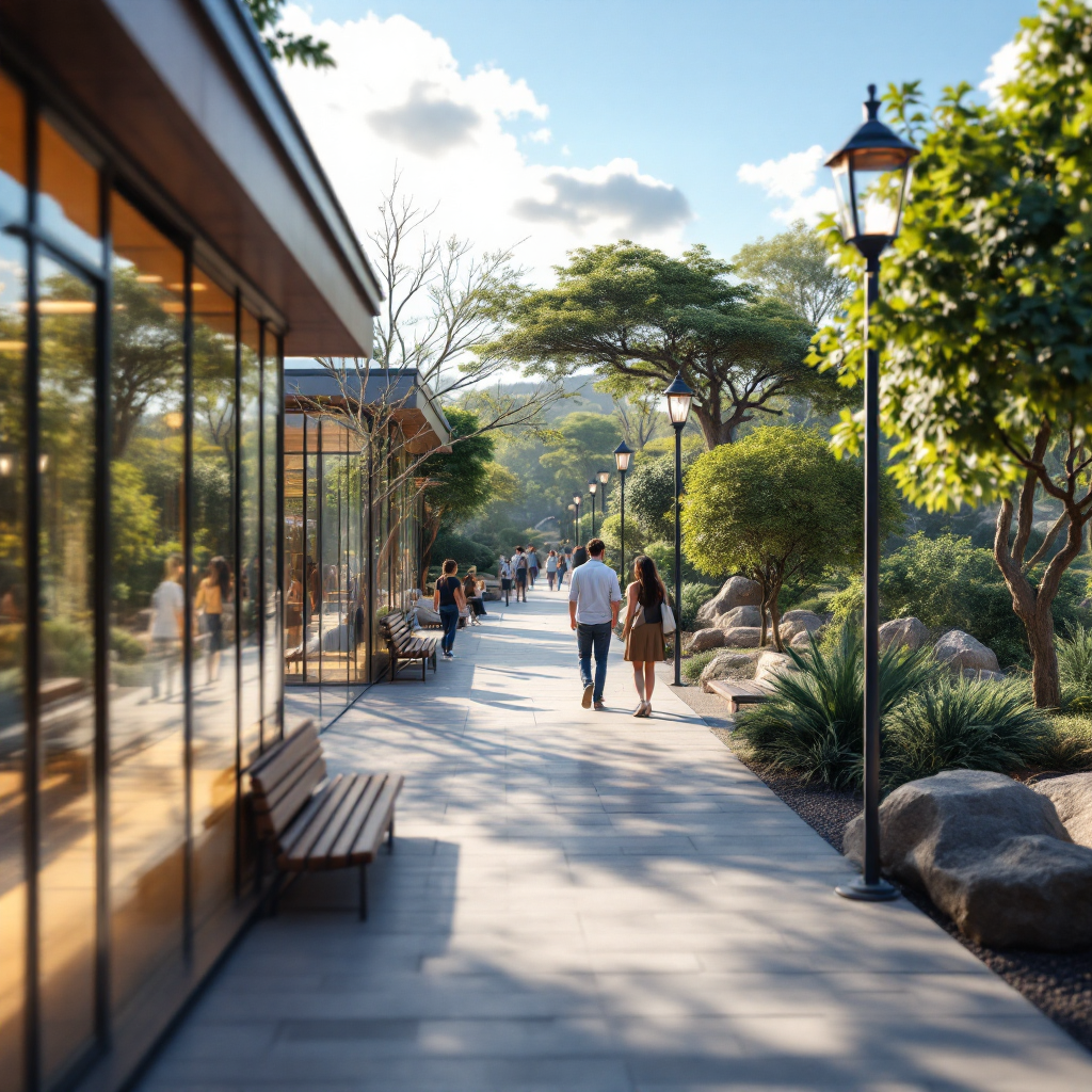 Zoo pathway with camera coverage Wide-angle view of a zoo pathway with visitors, benches, and varied lighting; a camera mounted on a pole captures the scene from above, showing natural elements like trees and rocks; no text or numbers in image