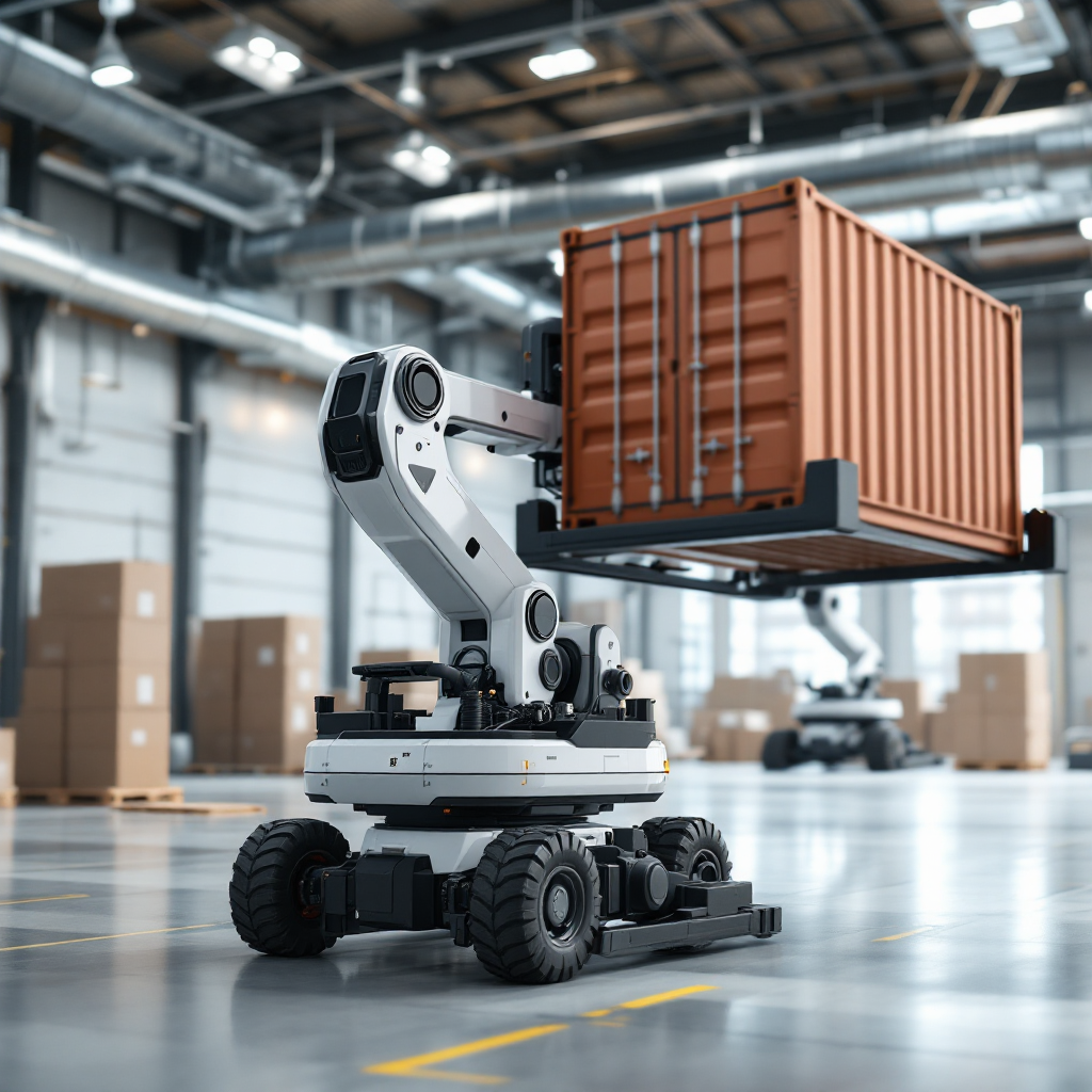 AGV moving a container in a yard An automated guided vehicle lifting a container in a yard with nearby cranes and a control room visible in the background, no text