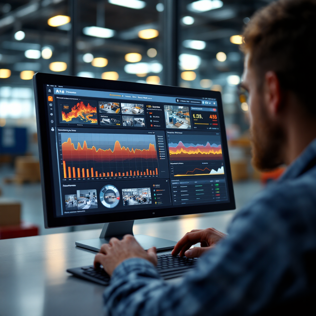 AI operations dashboard with occupancy heatmaps. Close-up view of an AI operations dashboard showing occupancy heatmaps, live camera thumbnails, and alert notifications for a terminal gate area. No text or numbers in the image.