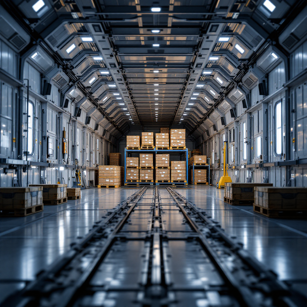 Vrachtcompartiment van een vliegtuig met pallets en containers