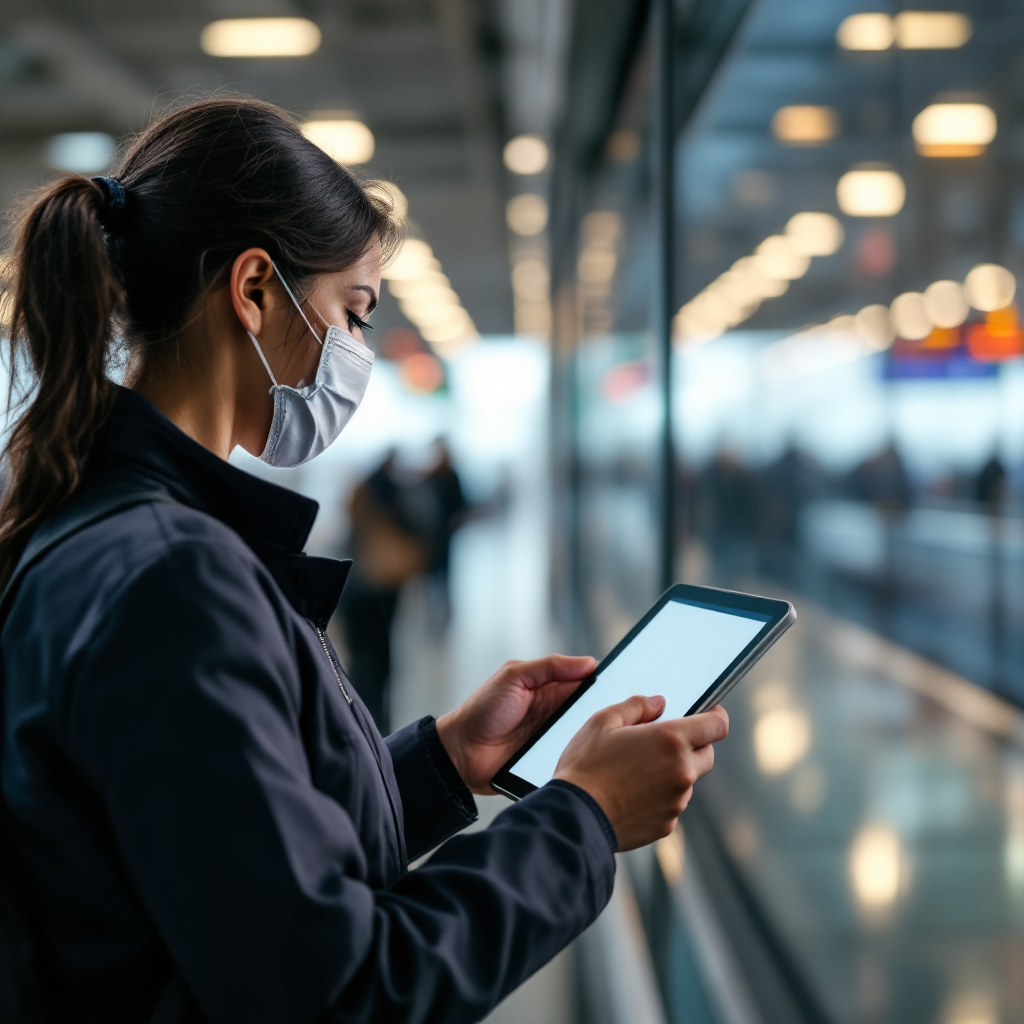 Airport staff with tablet near baggage carousel Close-up view of an airport staff member using a tablet near a baggage carousel with a flow of arriving passengers, no text or numbers