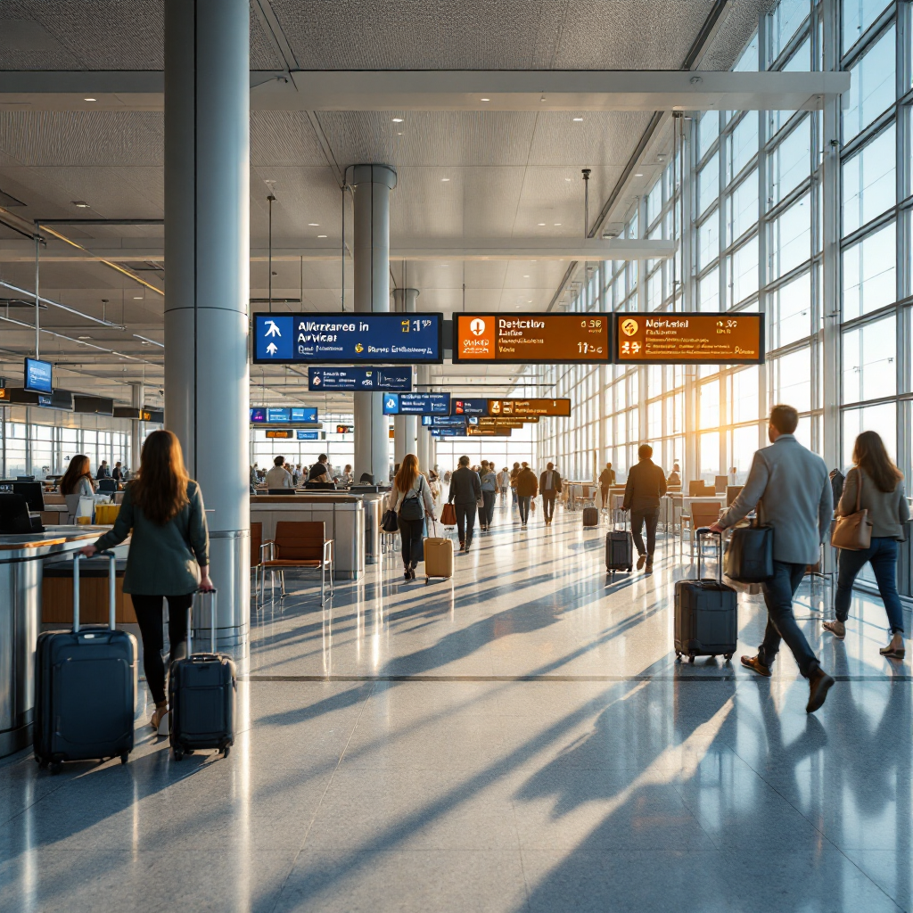 Hala terminalu lotniczego z cyfrowym oznakowaniem i przepływem pasażerów Hala terminalu lotniczego z cyfrowym oznakowaniem i przepływem pasażerów