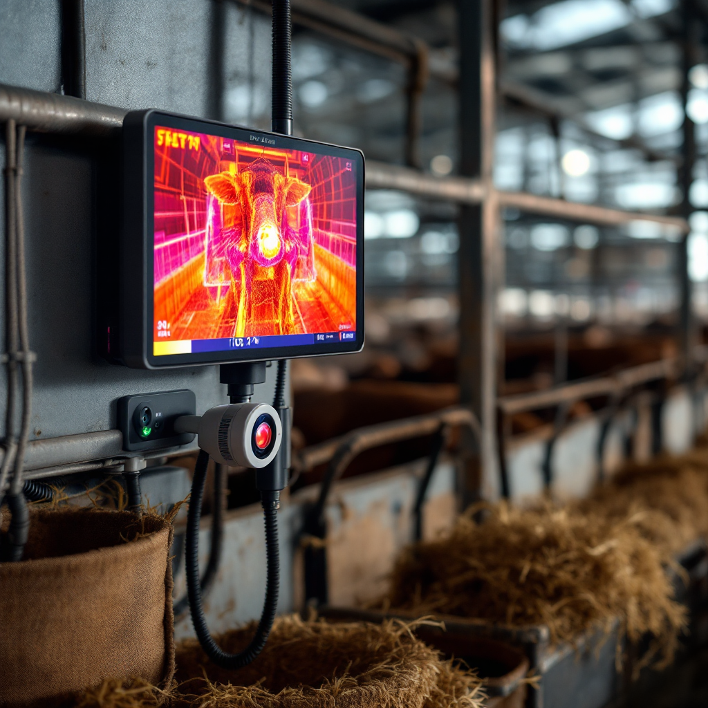 Conjunto de sensores térmicos e 3D monitorando uma baia