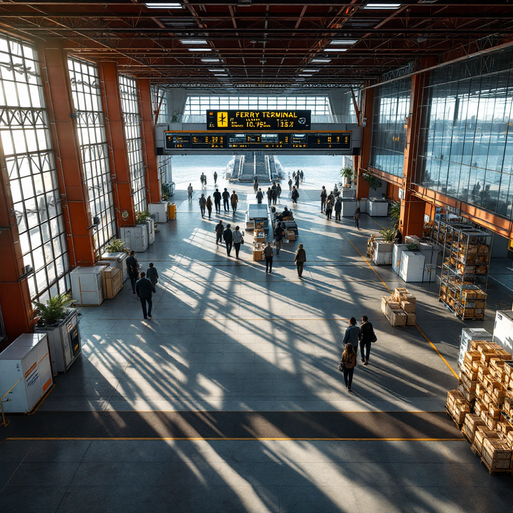 Terminal de ferry concurrida con rampas de embarque Terminal de ferry concurrida con rampas de embarque