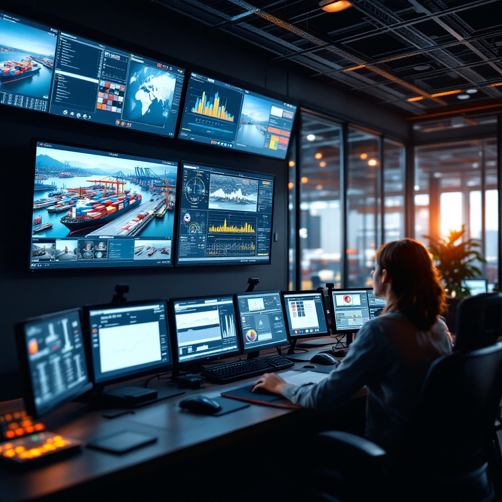 Sala de control de terminal de contenedores con pantallas de monitoreo Sala de control de terminal de contenedores con pantallas de monitoreo