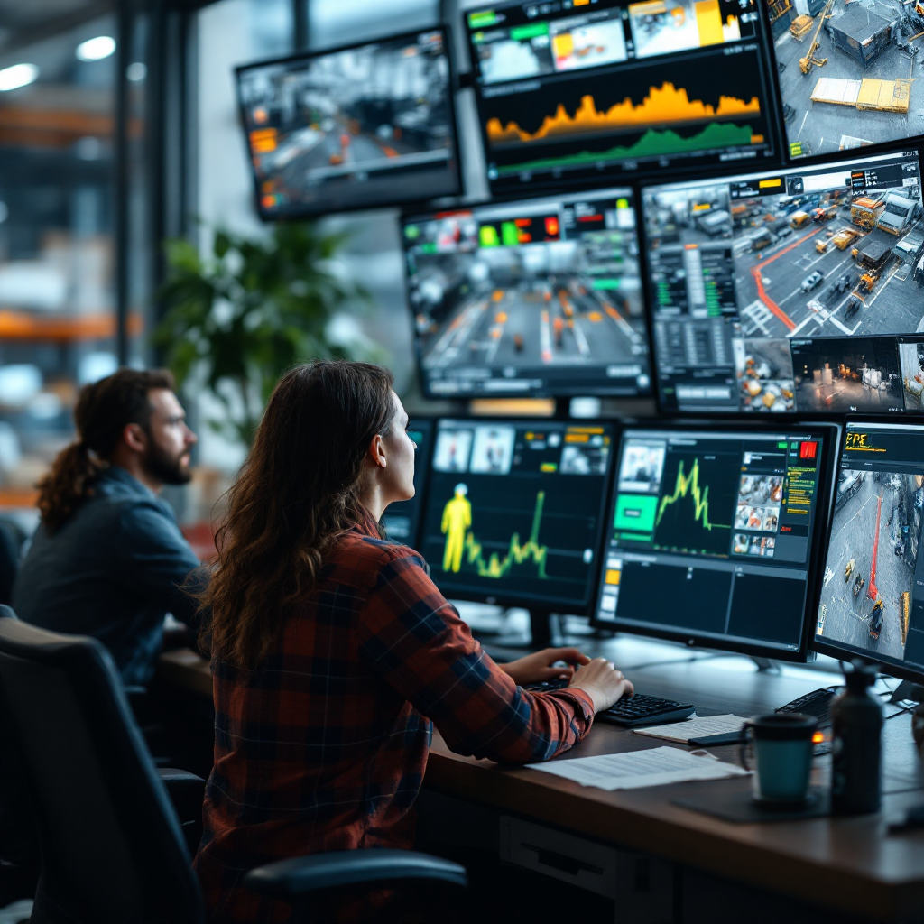 Control room dashboard showing PPE detections Close-up of a terminal control room showing a dashboard with video analytics overlays indicating detected workers and PPE status, multiple monitors and operators reviewing alerts, realistic scene with no text