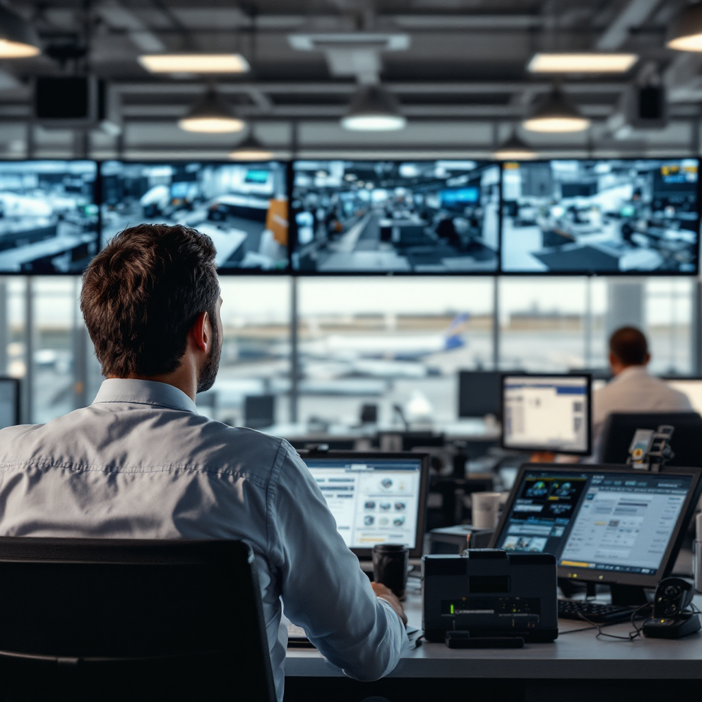 Sala kontroli monitorująca wiele kanałów kamer na lotnisku