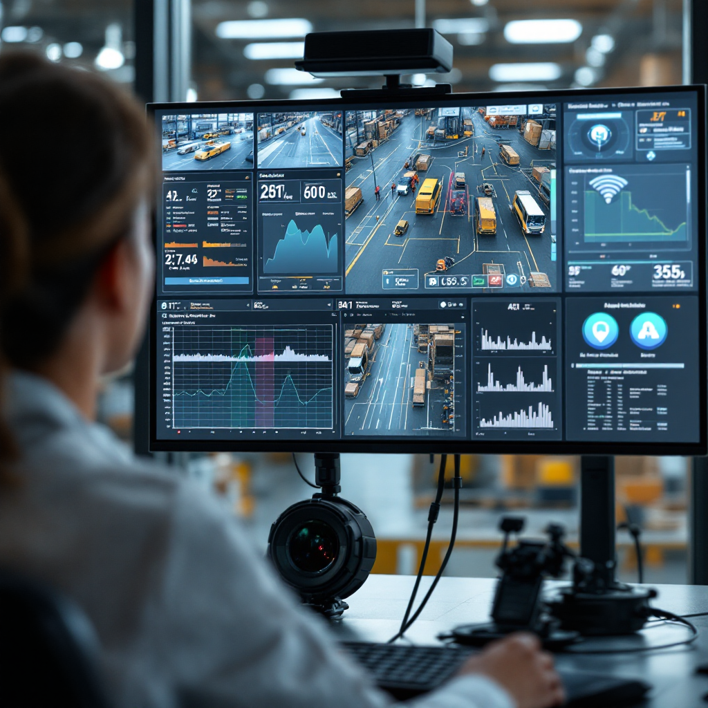 Salle de contrôle avec superpositions d'analyse vidéo par IA Salle de contrôle avec superpositions d'analyse vidéo par IA