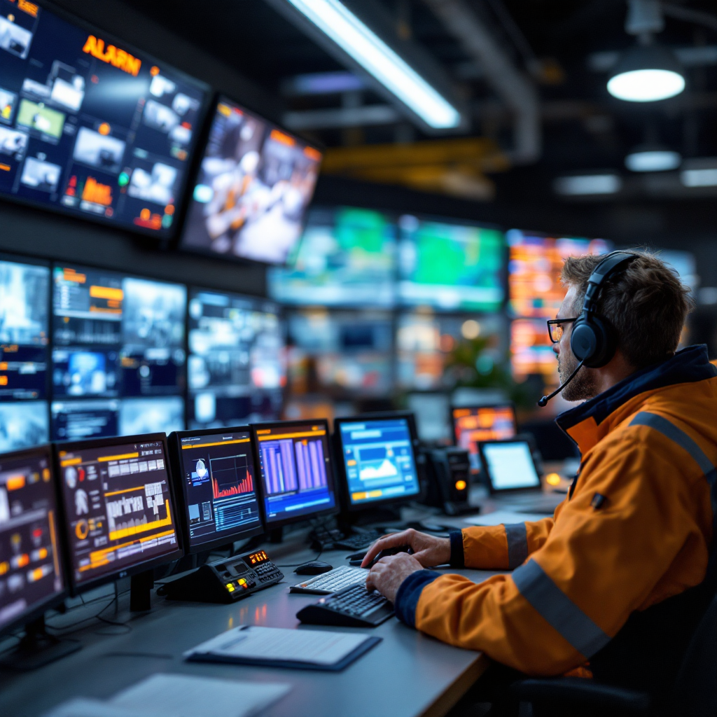 Control room with alarm panels and CCTV feeds Close-up of a control room display showing alarm panels, CCTV feeds, and operators coordinating via radio, modern lighting and clear screens, no text or numbers