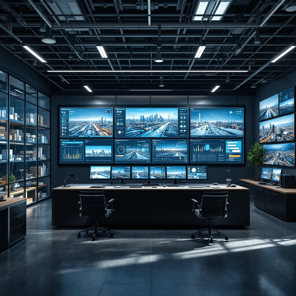 Control room with live camera feeds and analytics dashboards Control room with live camera feeds and analytics dashboards