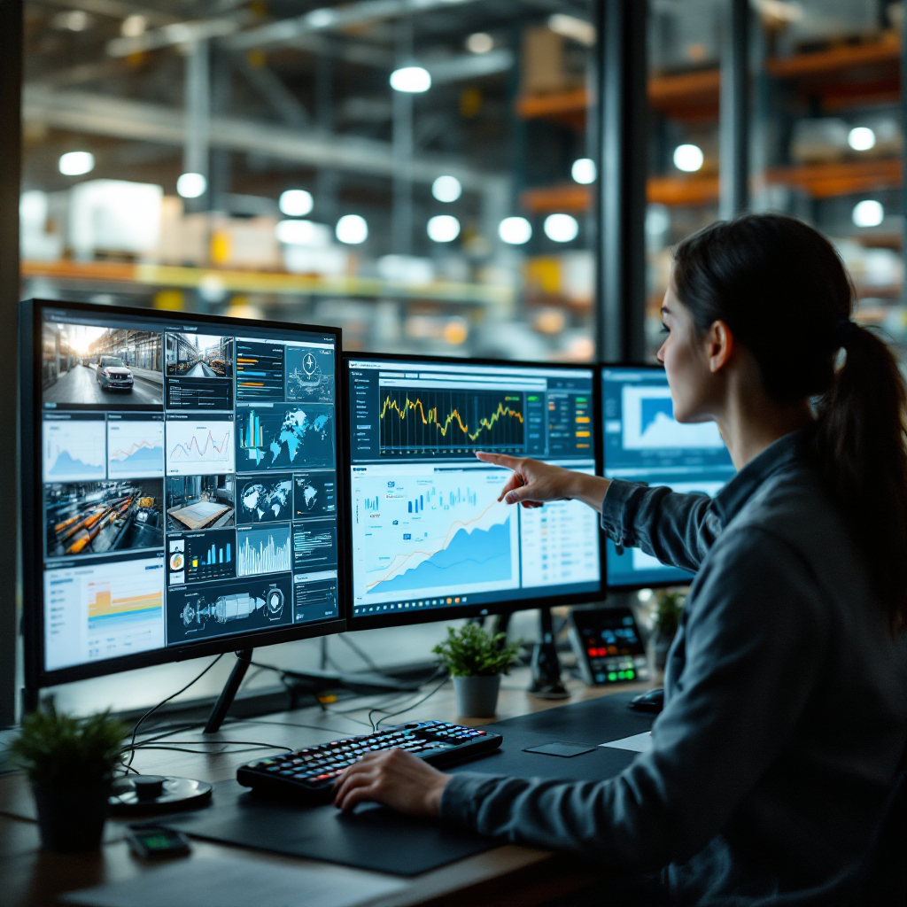 Control room with live flow analytics dashboards Control room view showing monitors with analytics dashboards, camera feeds and a person pointing at a live flow map, no text or numbers in the image