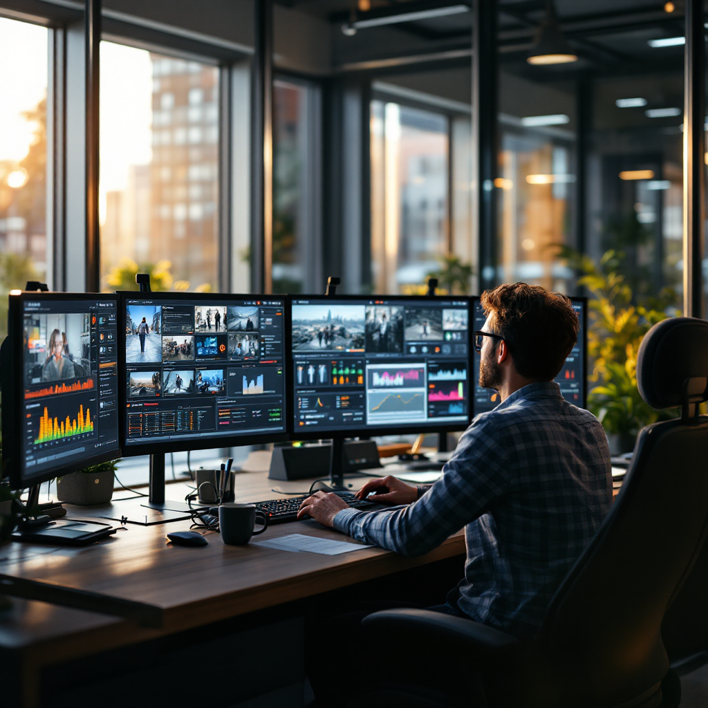 Sala de controlo com fluxos de vídeo em direto e painel analítico