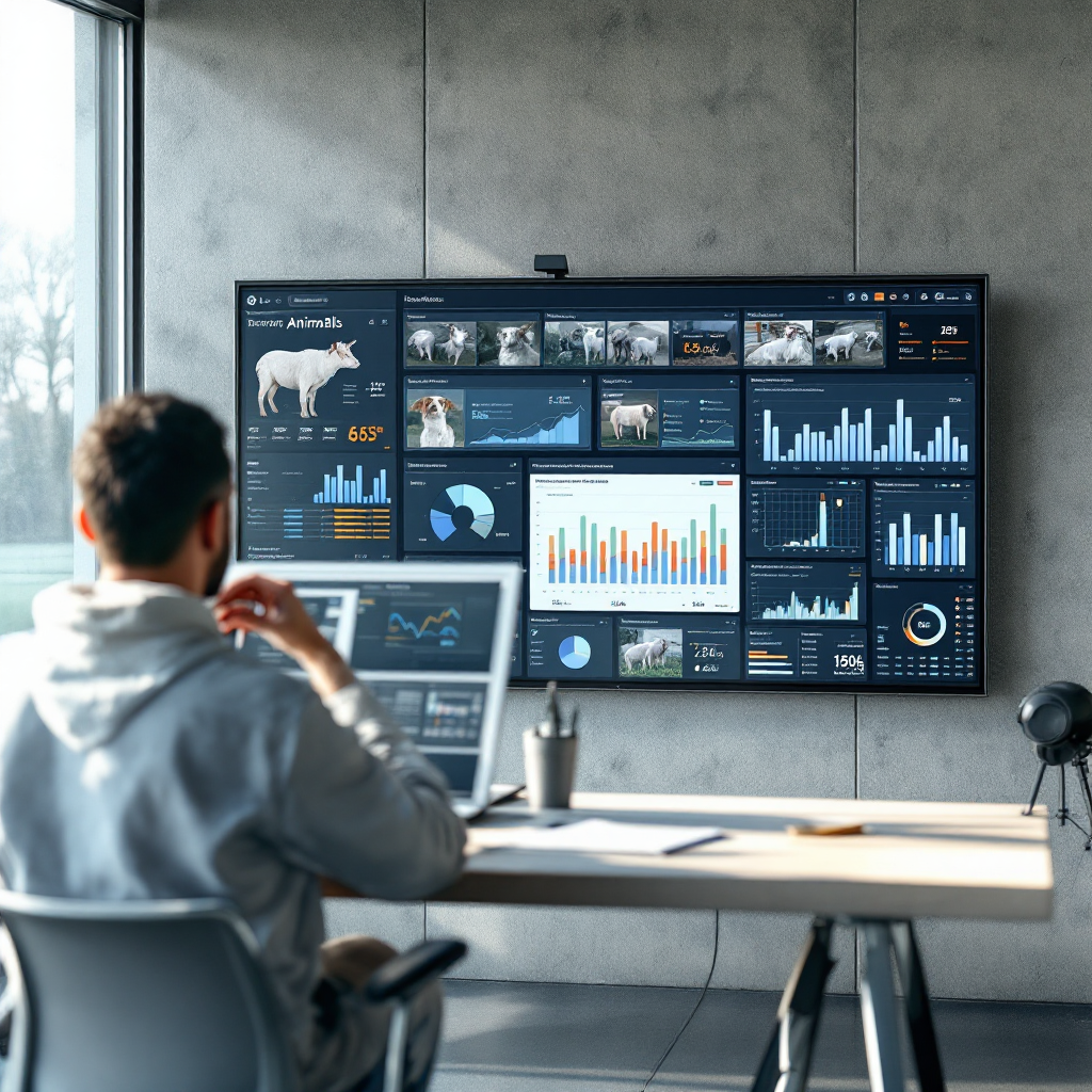 Dashboard with animal welfare metrics and camera feeds A control room dashboard showing animal welfare metrics and camera feeds, clear charts and color-coded alerts, no text or numbers
