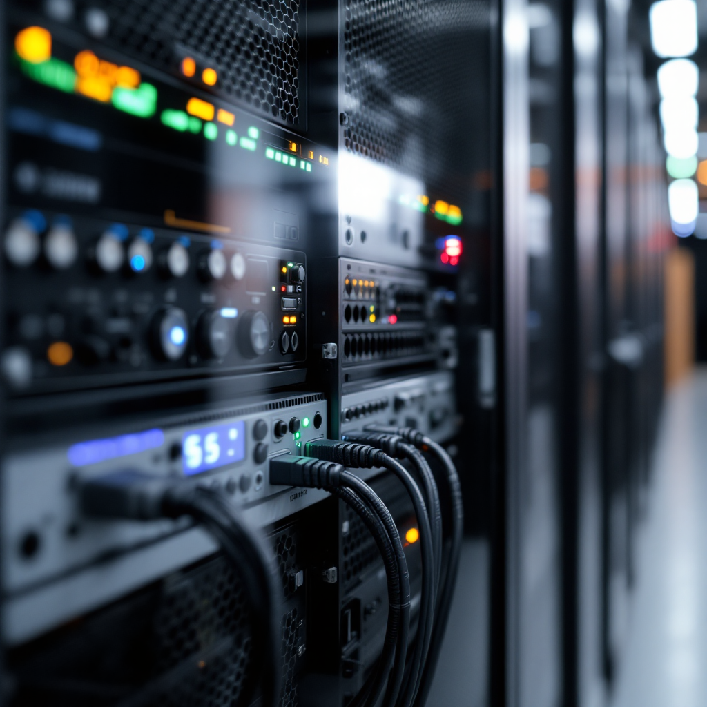 Edge device and server processing video Close-up of an edge device and a rack-mounted server running AI models next to cameras, with cables and connectors visible, no text or numbers
