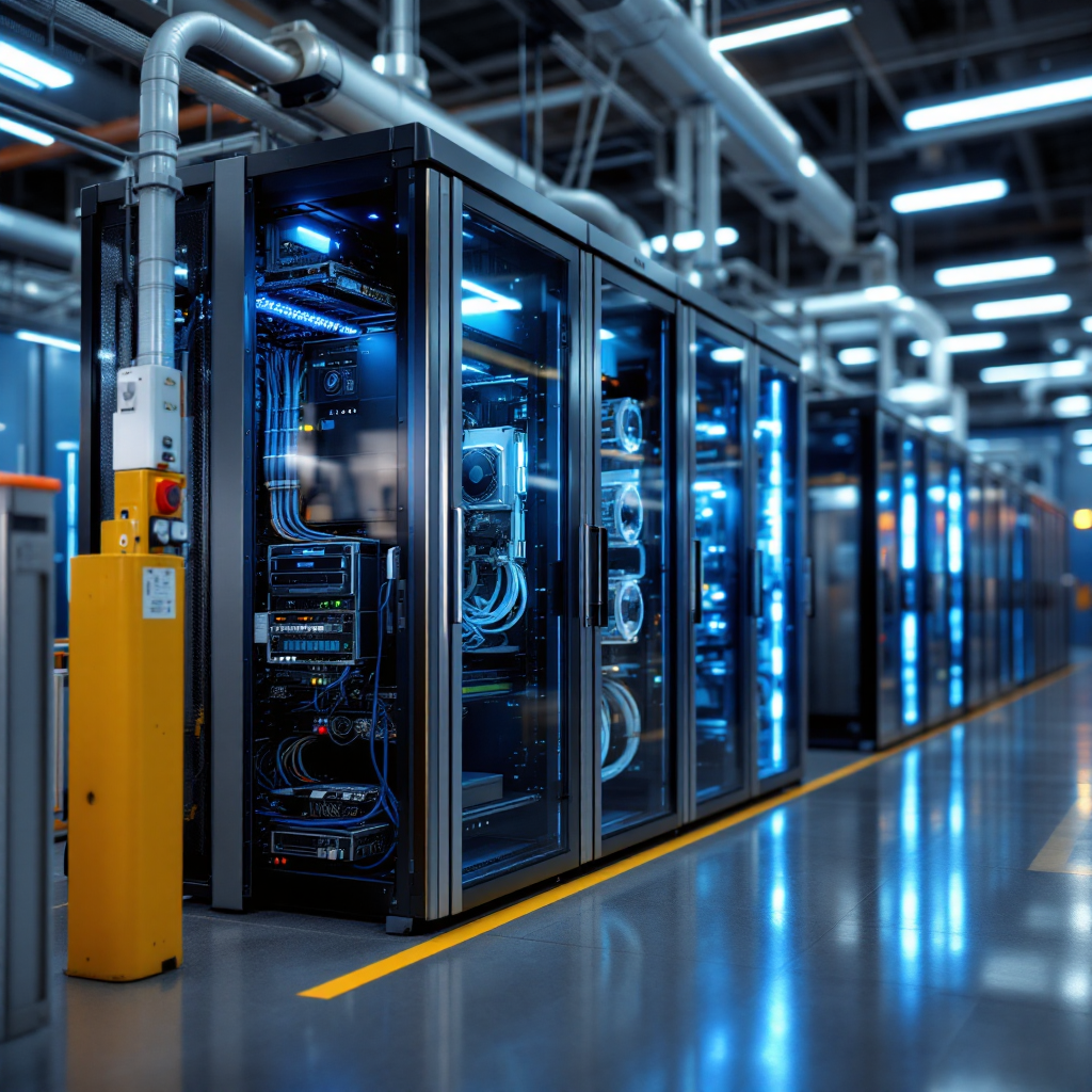 An edge server rack installed near a terminal gate with visible network cabling, GPU unit, and several connected cameras (no text or brand logos)