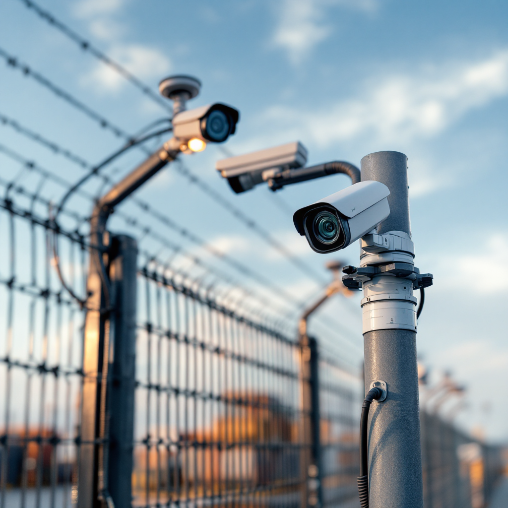 Fence-mounted cameras and thermal sensor on perimeter fence Close-up image of perimeter fence with mounted CCTV cameras and a thermal camera on a pole, showing sensors and cable conduits but no people or text.