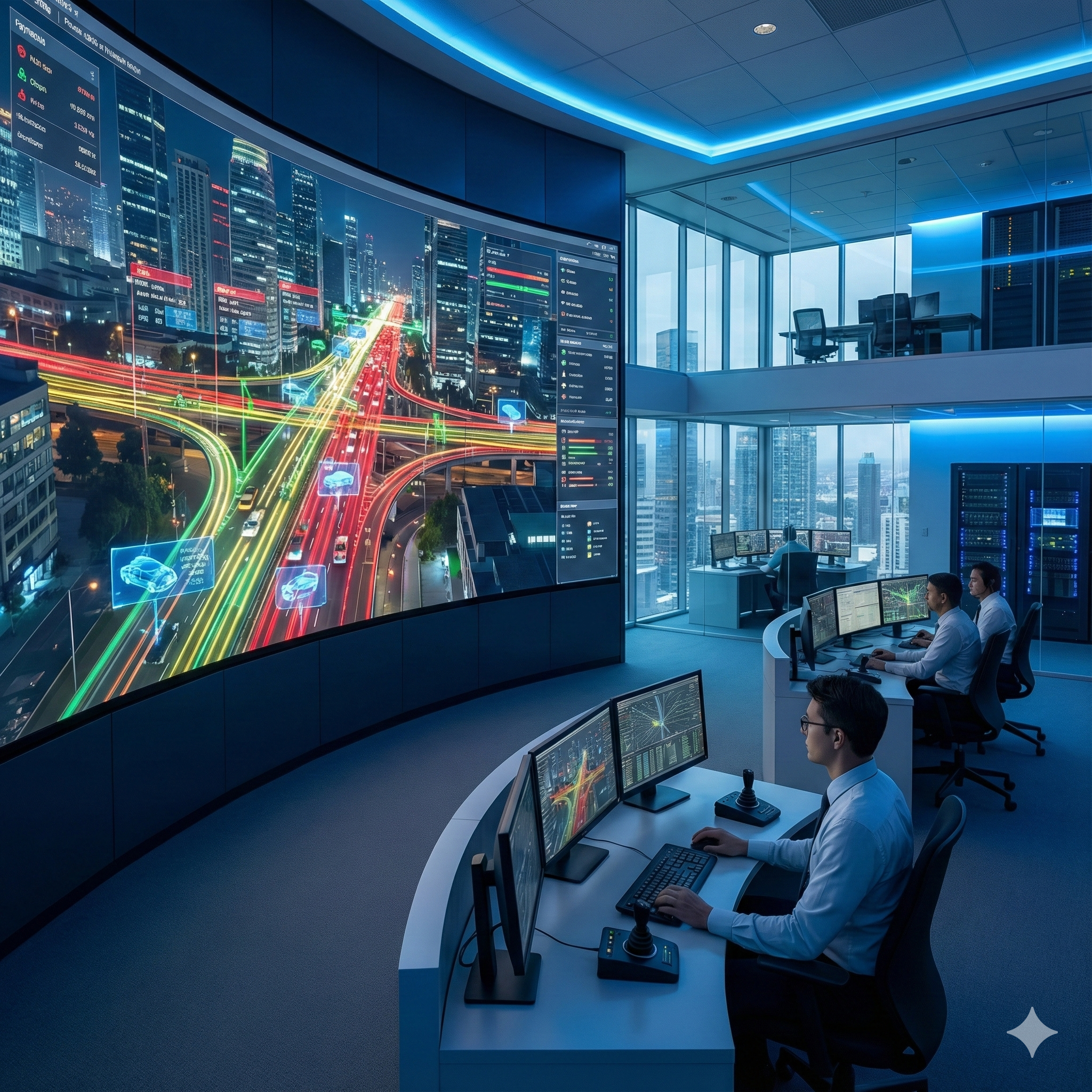 City control room with traffic visualisation A panoramic city control room with large screens showing traffic flows, anonymized vehicle tracks, and digital twin overlays, in a modern urban operations center, daytime, no text or logos