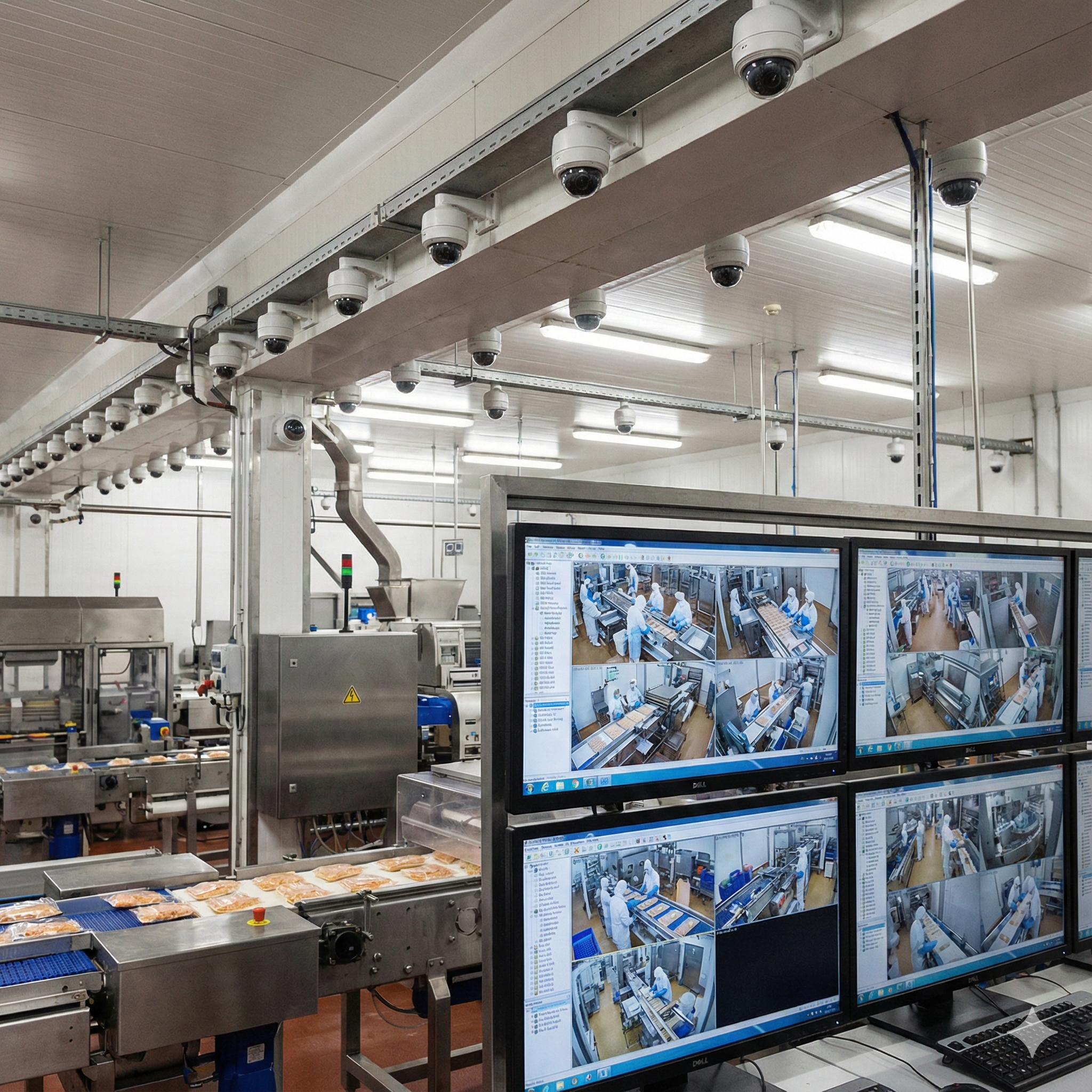 Cameras and monitors in a food processing plant Wide-angle view of a modern food processing facility interior with multiple ceiling-mounted cameras and monitors visible, non-violent, clean industrial setting, no humans in distress
