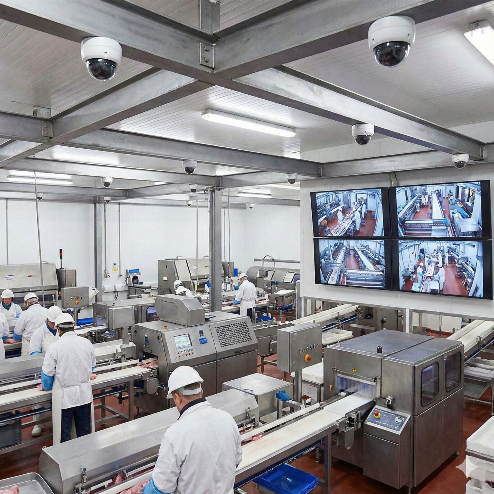 A clean, bright abattoir processing room with cameras mounted on the ceiling and staff in PPE working calmly; no animals shown, focus on equipment and monitoring screens