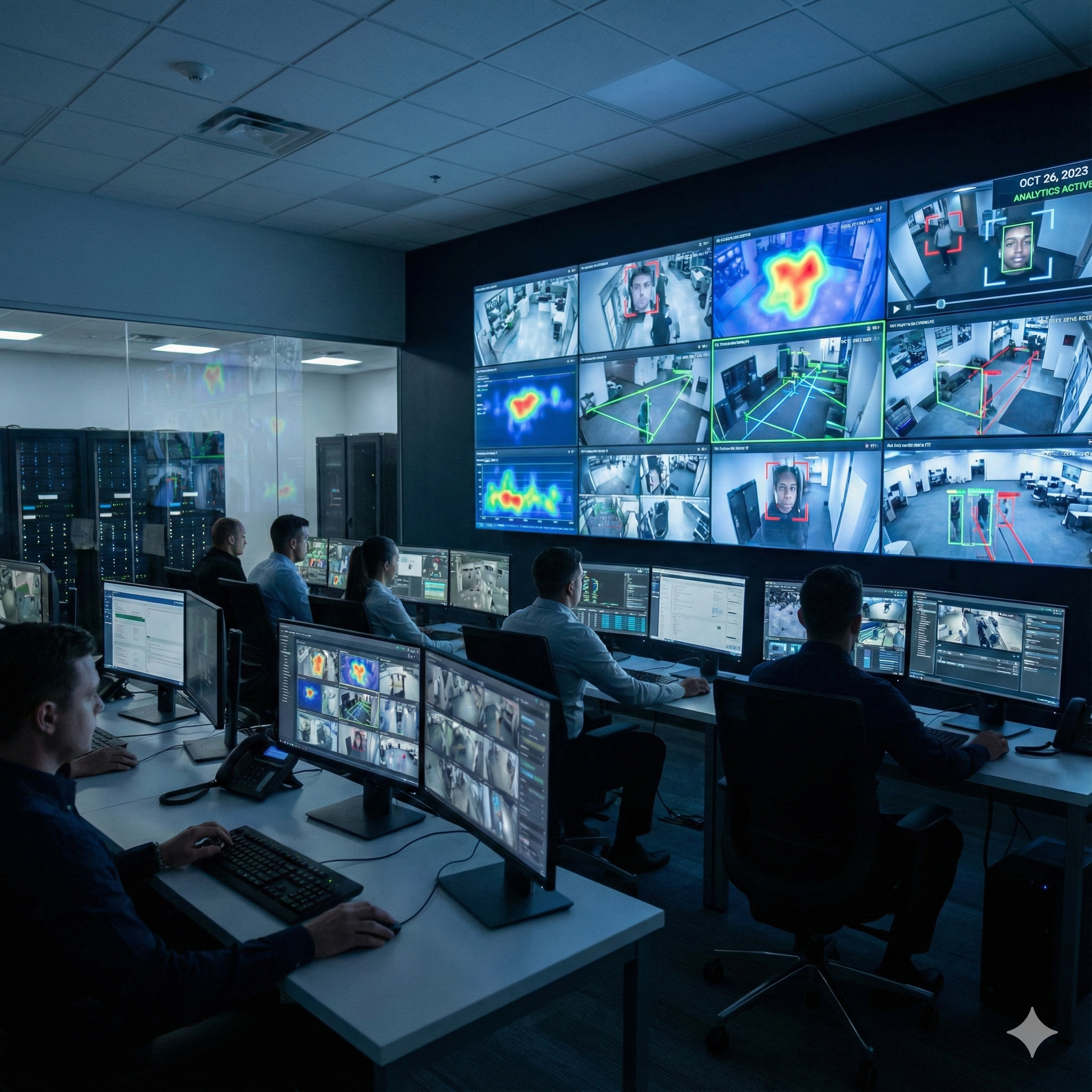 Security operations room with analytic overlays A modern security operations room with multiple monitors showing camera feeds and analytic overlays like bounding boxes and heatmaps; clean professional environment, no people in distress, no text