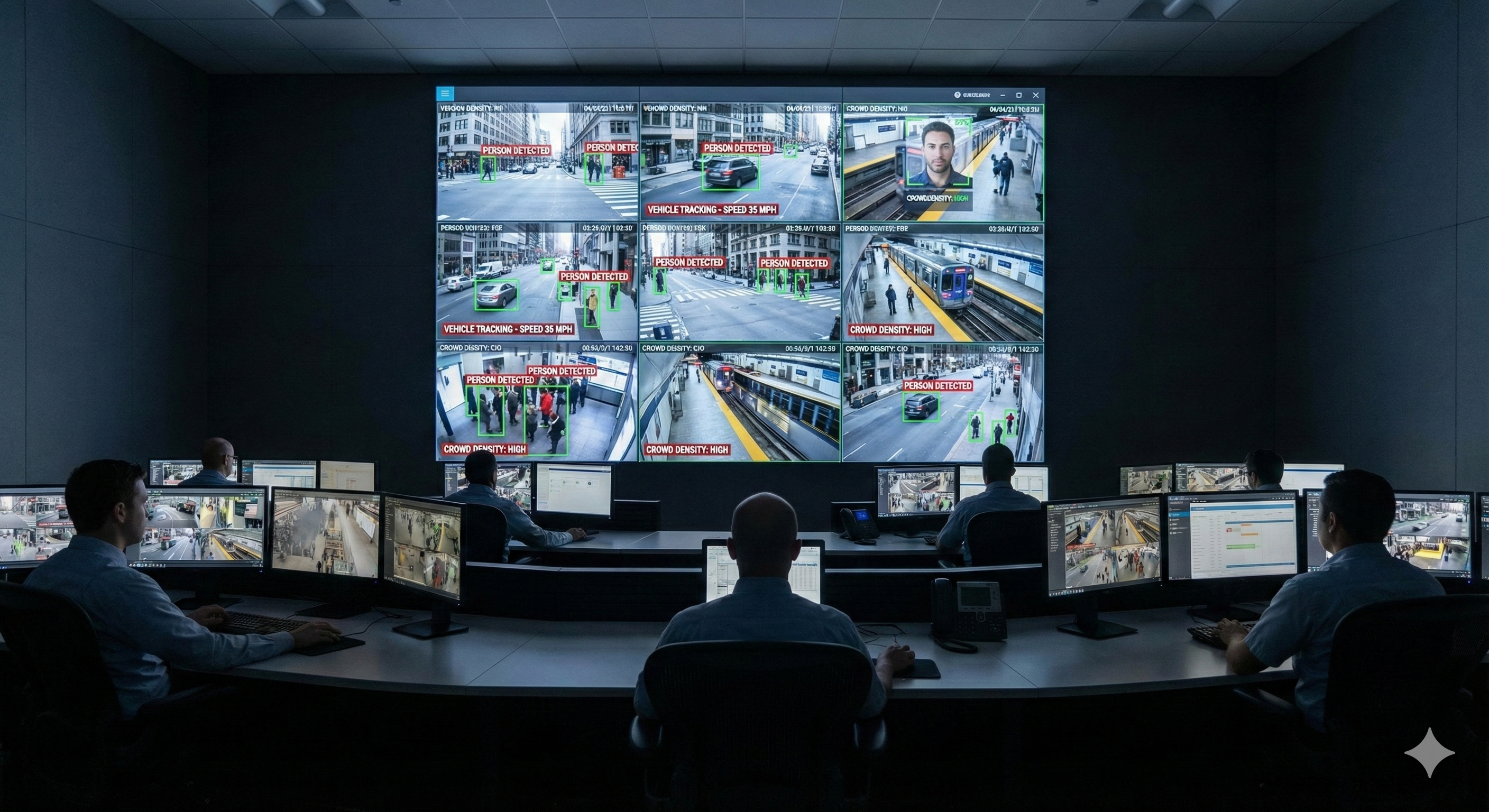Control room with annotated camera feeds A modern security control room showing multiple screens with annotated camera feeds, heat maps, and incident markers, no text or numbers