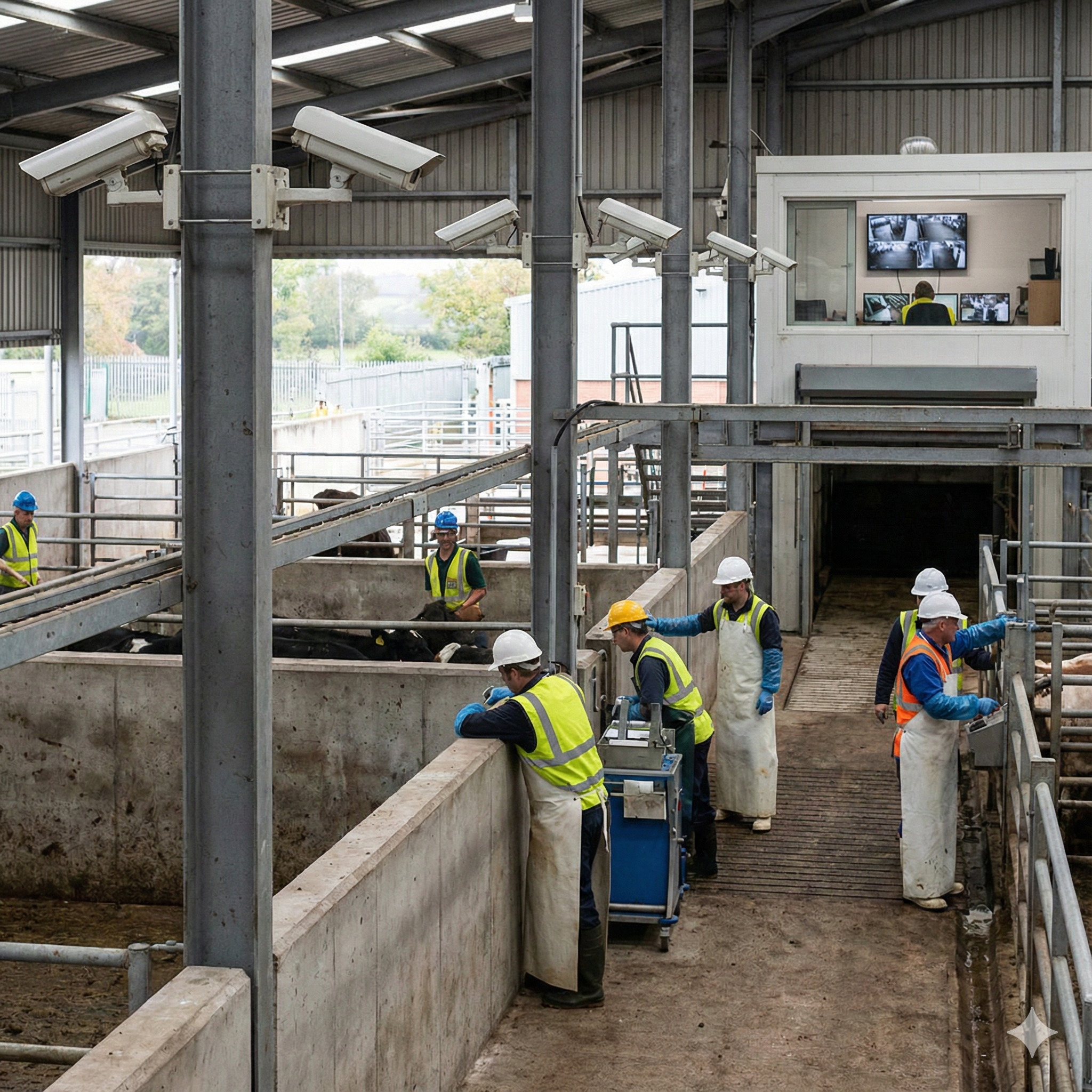 An abattoir receiving area with overhead surveillance cameras, clean facility interior, staff in PPE observing a pen, natural lighting, no text or logos