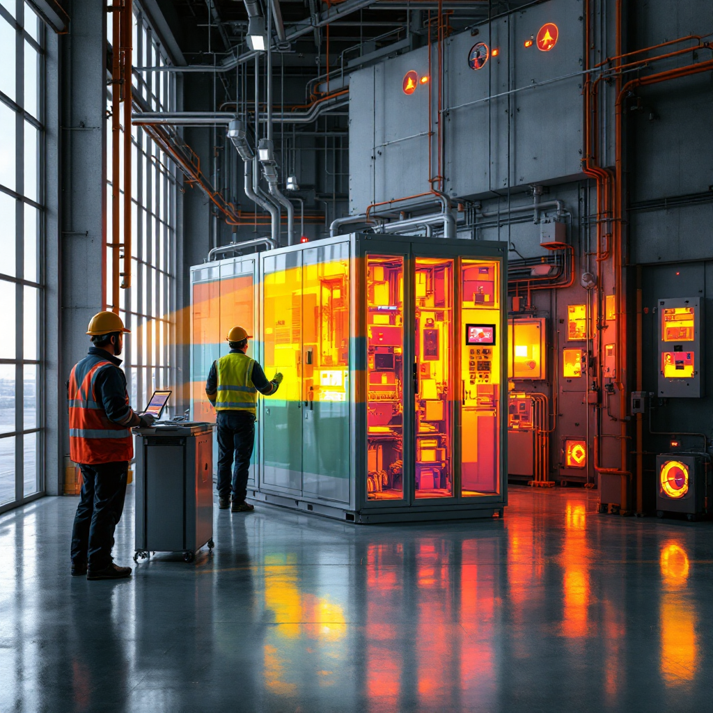 Wnętrze hangaru z nałożoną termowizyjną nakładką na sprzęt i rozdzielnice, z technikami reagującymi na alarm Wnętrze hangaru z nałożoną termowizyjną nakładką na sprzęt i rozdzielnice, z technikami reagującymi na alarm