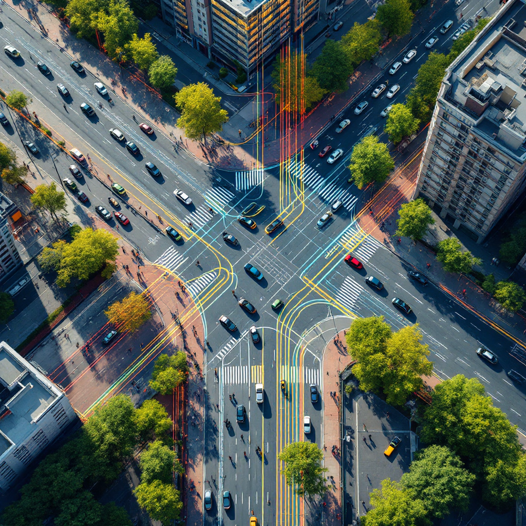 Kruising met geannoteerde voertuig- en voetgangersroutes Kruising met geannoteerde voertuig- en voetgangersroutes