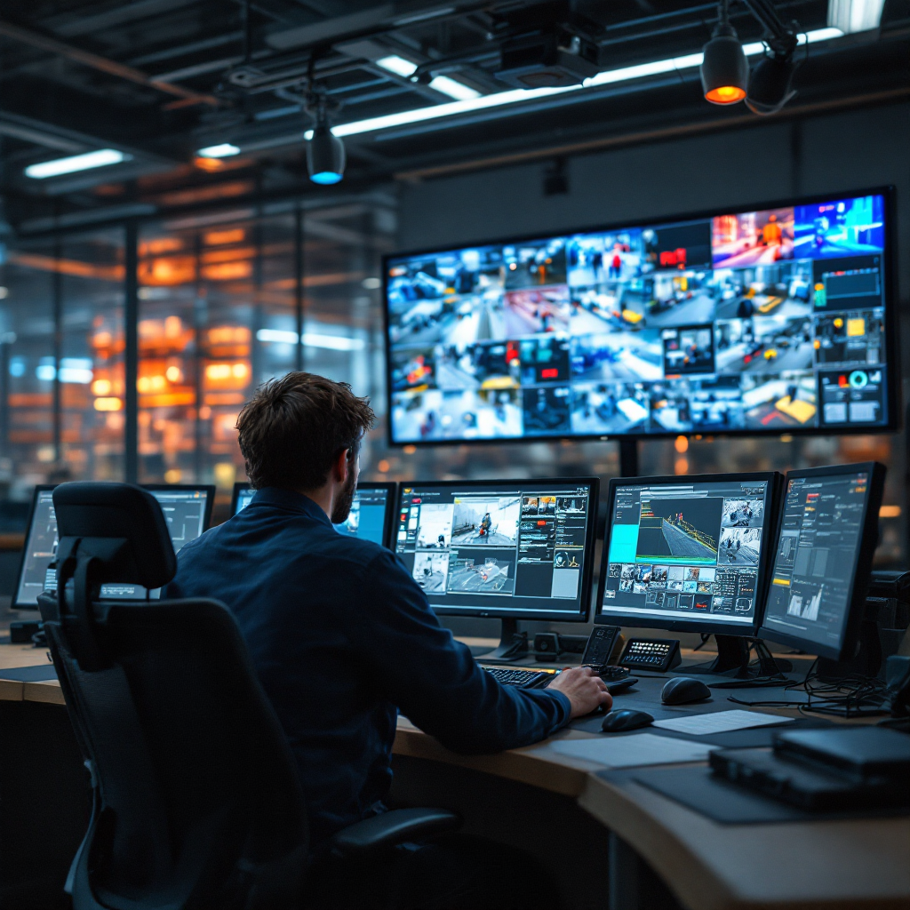 Close-up of an operator control room showing multiple live video feeds from terminal cameras, operator at workstation with dashboards, no text