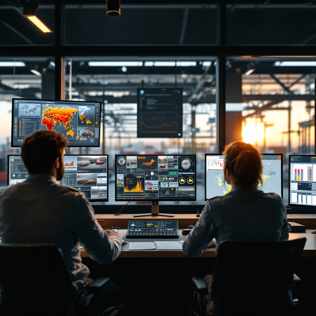 Salle de contrôle des opérations portuaires avec tableaux de bord et flux vidéo Salle de contrôle des opérations portuaires avec tableaux de bord et flux vidéo