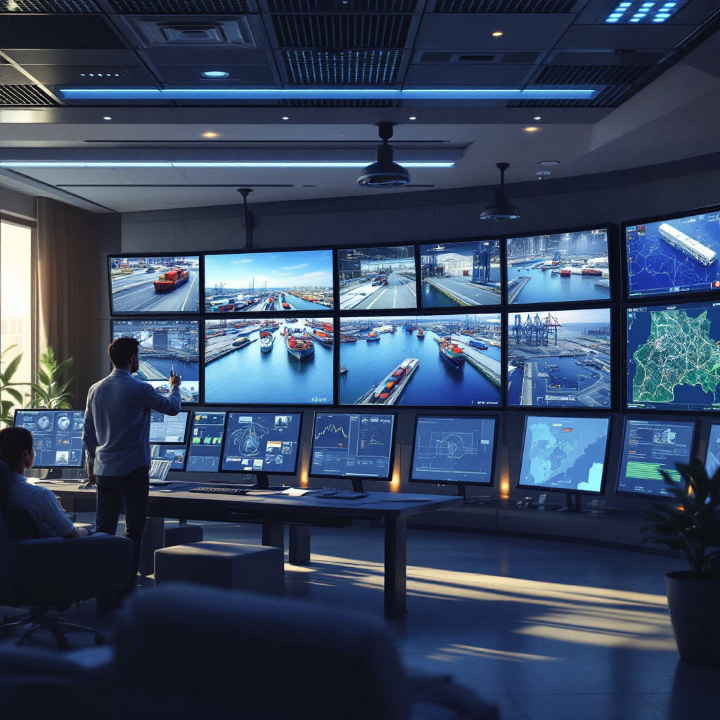 Port security control room with video wall Security control room with large video wall showing multiple camera feeds, operator workstations and maps of a port facility