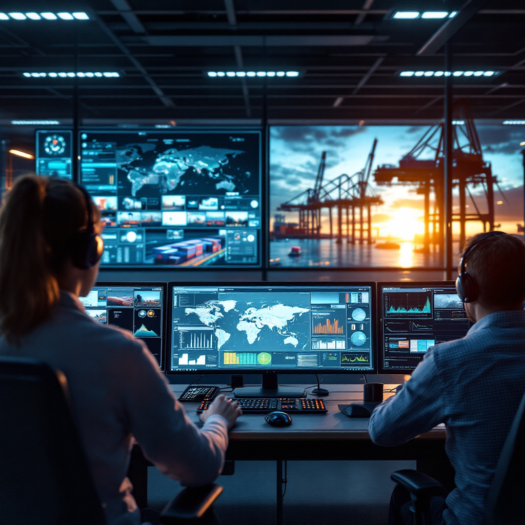 Port security operations center with monitors and analytic overlays Port security operations center with monitors and analytic overlays