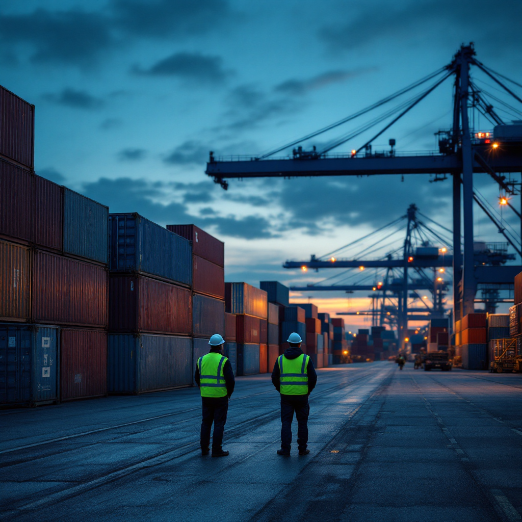 Port terminal with container stacks and cranes A busy port terminal at dusk with stacked containers, cranes, and workers in high-visibility vests; clear sky and subtle atmospheric lighting, no text or numbers