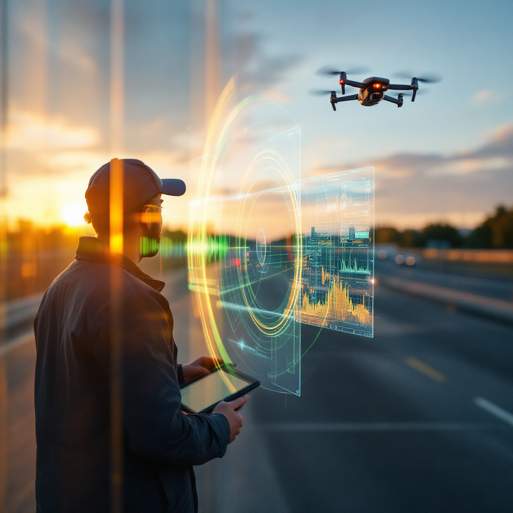 Radar, tela de análise do operador e drone sobre o perímetro Radar, tela de análise do operador e drone sobre o perímetro