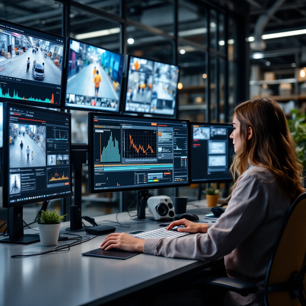 Security control room with AI video analytics overlays