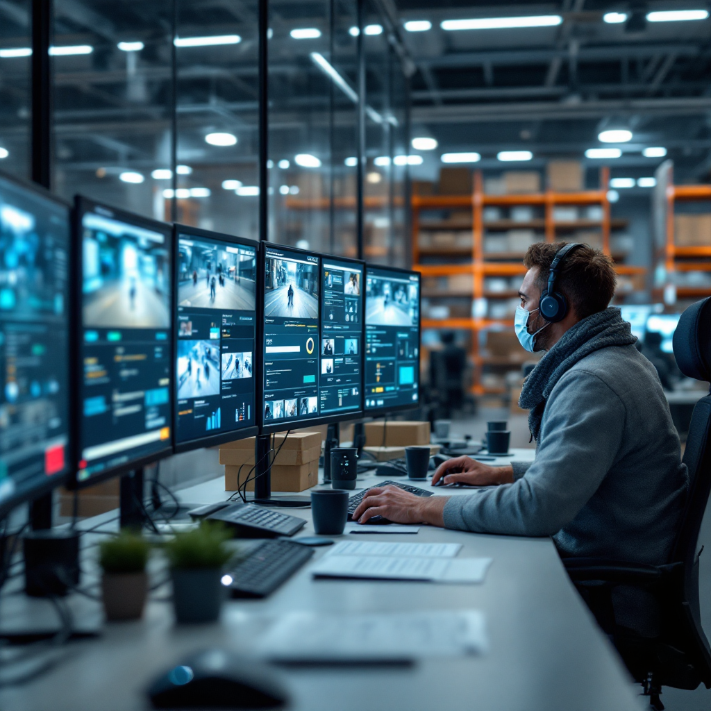 Security operations centre with AI alerts Security operations centre showing multiple screens with camera feeds, operators interacting with a dashboard that displays event alerts and timestamps, no text or numbers in the image