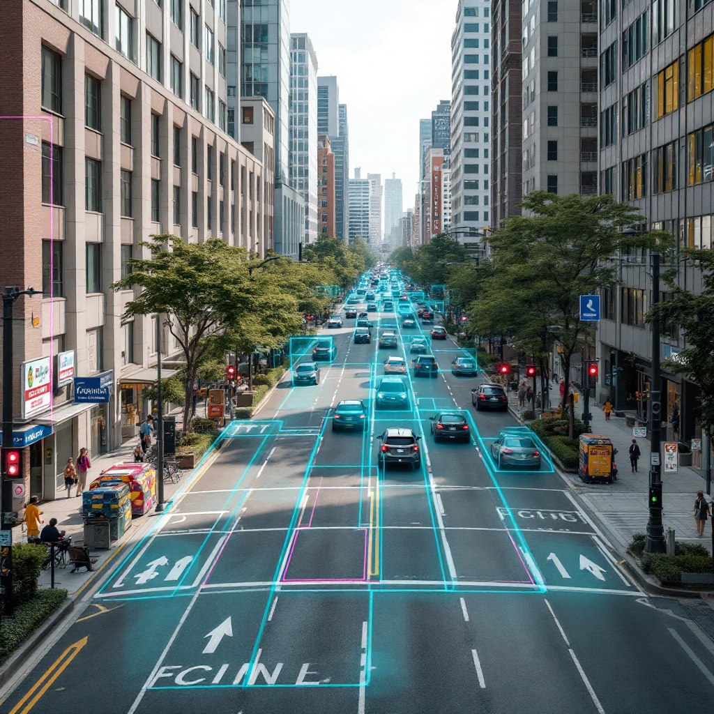 Straatbeeld met AI-detectie-overlays Straatbeeld met AI-detectie-overlays