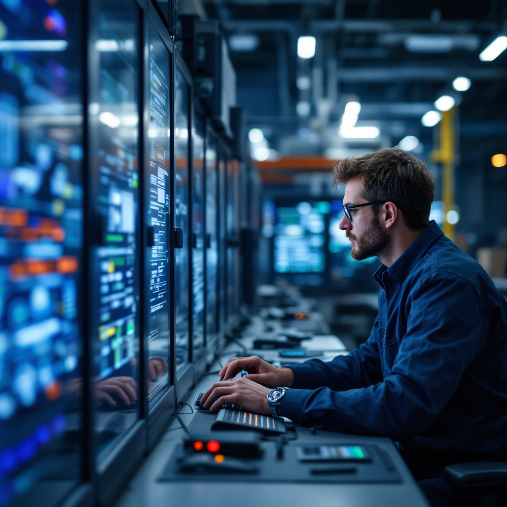 Technician monitoring on-prem AI server for cameras Close-up image of a technician operating an edge GPU server with visible cameras streaming to it, industrial control room setting, no text